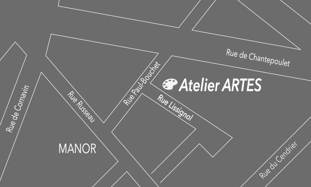 Carte indiquant l’emplacement de l’Atelier ARTES près de Manor Genève, avec des repères tels que l’arrêt de tramway et le parking à proximité.